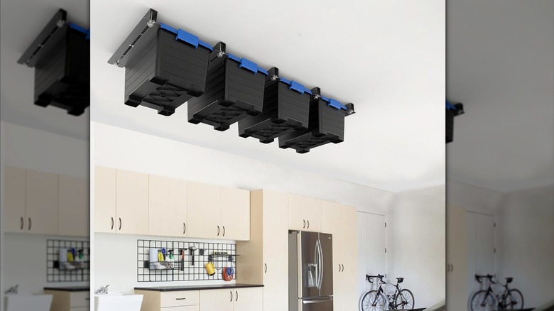 overhead storage racks in a garage