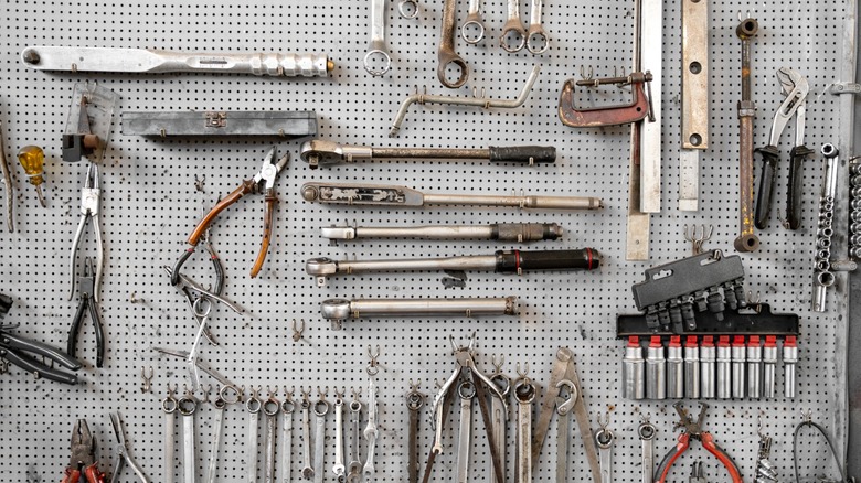 tools mounted on a pegboard