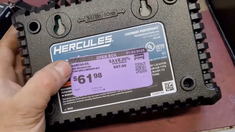 An Hercules drill/driver kit with a purple Harbor Freight "Open Box" price tag.