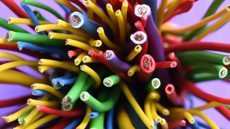 Group of colorful electric cables close up