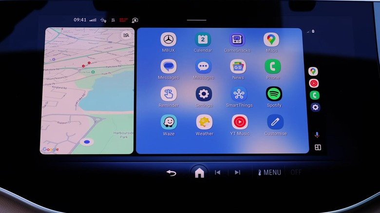 Android Auto showing app icons and navigation on a car screen