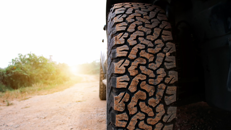 Close-up of brown tires on a dirt road