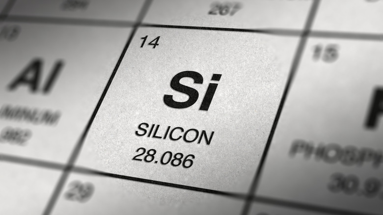 Close up of silicon on the periodic table.