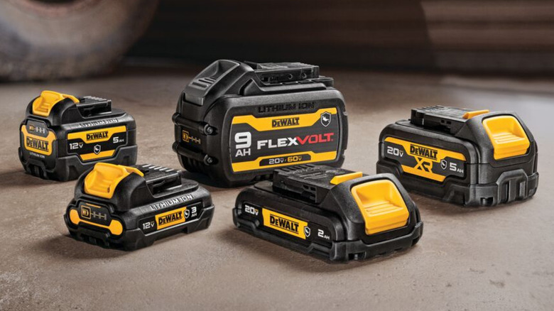 An assortment of DeWalt battteries