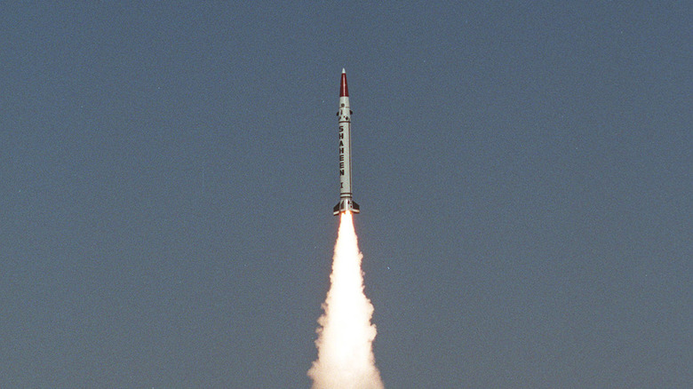 Shahen I ballistic missile in-flight with rocket trail