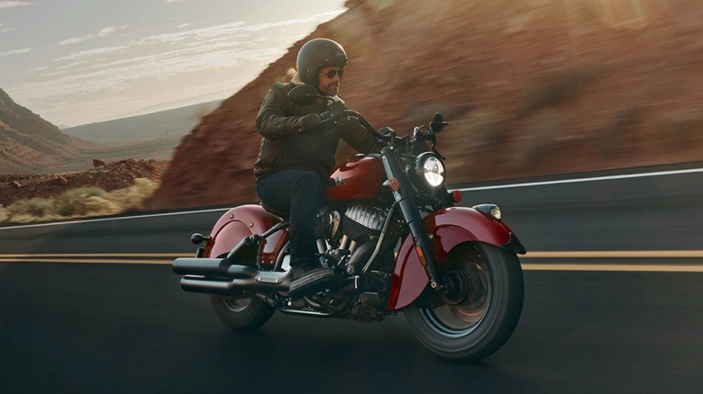 Person riding 2026 Indian Chief Vintage on a mountain road
