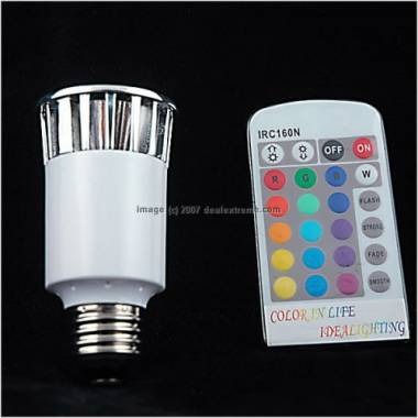 Remote-controlled LED colour-changing lightbulb