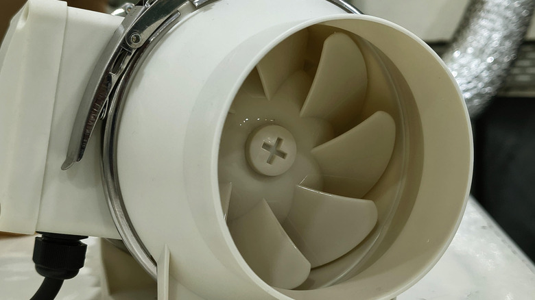 Close up of white plastic inline duct fan