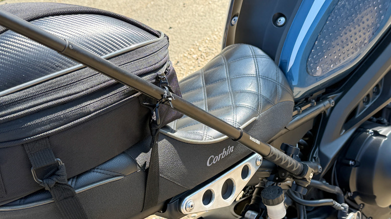 Insta360 X6 selfie stick mounted to a Yamaha XSR900
