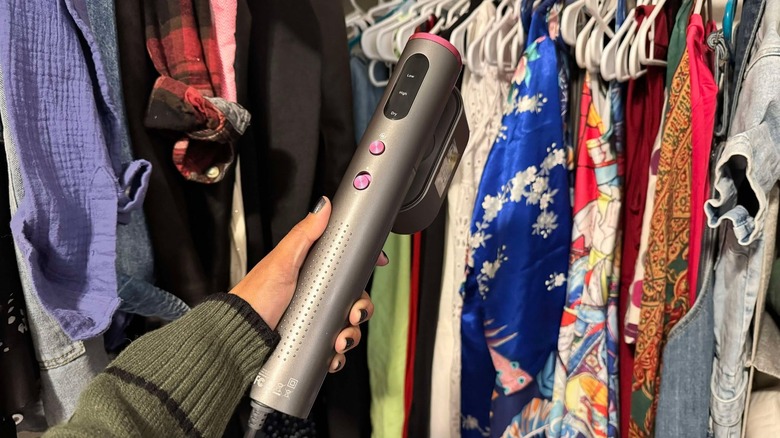Author is holding the Jack & Rose garment steamer in her hand against hanging clothes