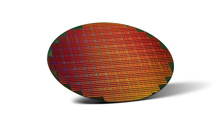 A silicon wafer containing Intel Xeon 6 CPUs