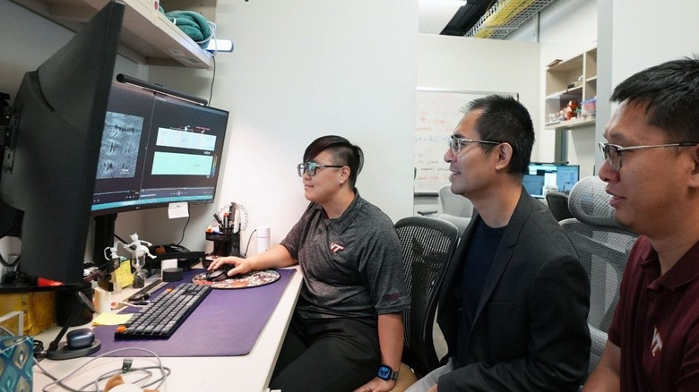ostdoctoral researcher Jiali Li, Assistant Professor Zhenhua Tian, and postdoctoral researcher Luyu Bo analyze acoustic waveforms in Tian's lab