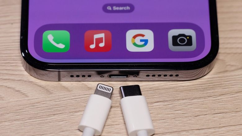 USB-C and Lightning Cable next to an iPhone.