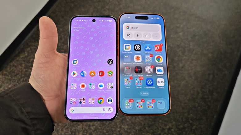 A man holding a Pixel 10 Pro and iPhone 17 Pro
