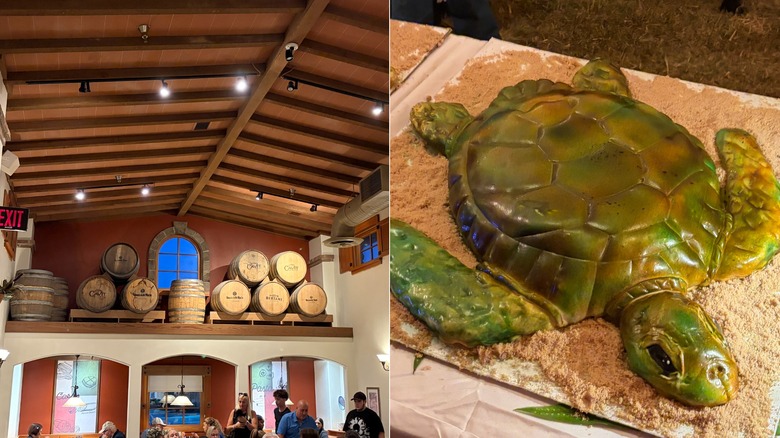 barrels of win and a turtle cake
