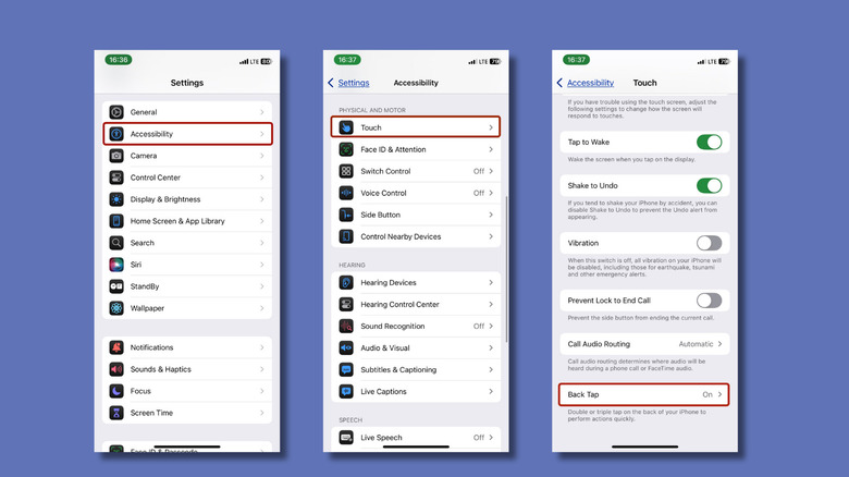 screenshots of iPhone Settings process to enable Back Tap feature