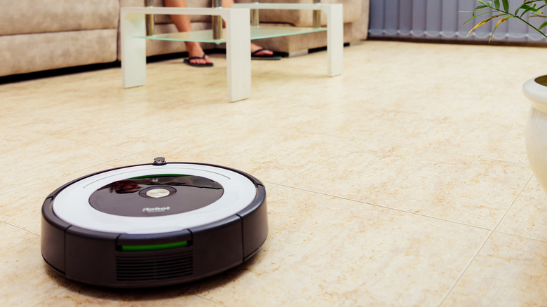 Roomba vacuum in entertainment room