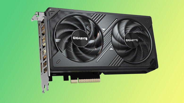 Gigabyte RTX 5060 Windforce OC graphics card on a green background