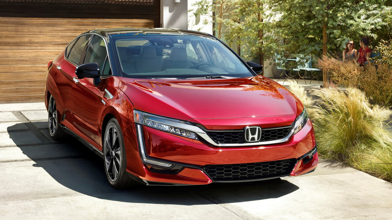 A parked Honda Clarity 2020 model red color