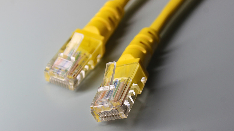 Two yellow LAN cables with RJ45 connectors placed against a grey background