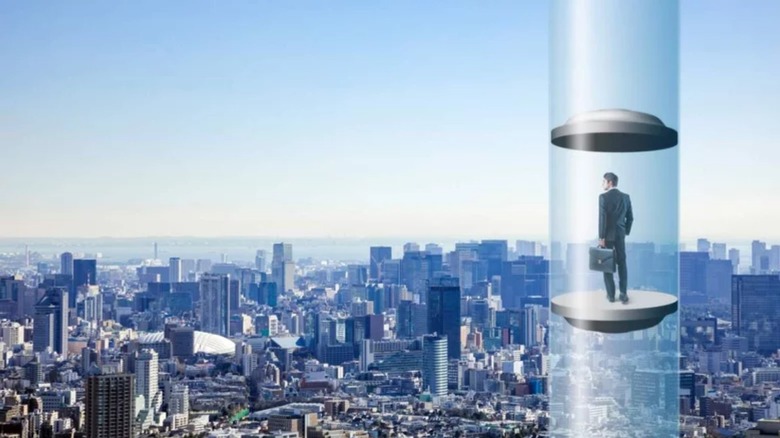 Futuristic city with space elevator