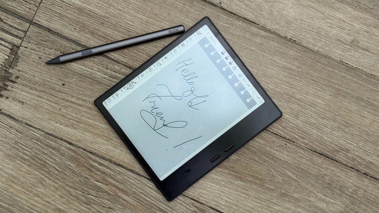 Boox E-Ink tablet with a stylus.