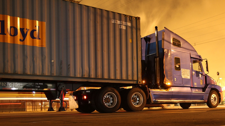 A diesel truck pulls into the port in Long Beach, California.