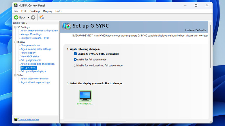 NVIDIA Control Panel showing G-Sync settings on Windows 11