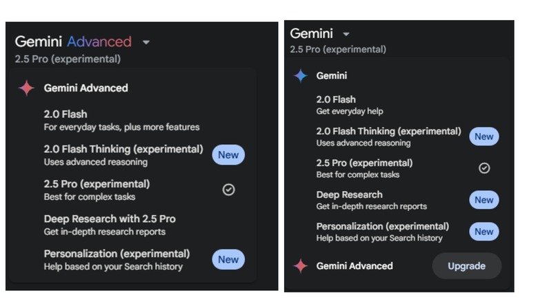 Left: Gemini Advanced model selection pane, right: vanilla Gemini model selection pane
