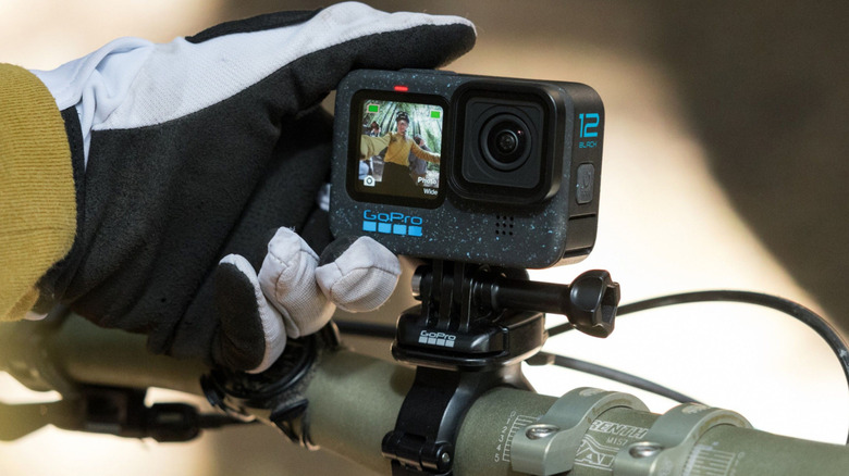 The GoPro Hero12 camera mounted on a handlebar