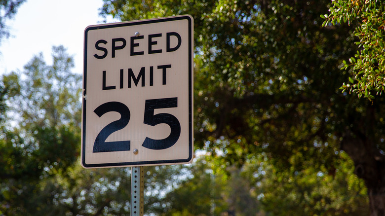 A 25 MPH speed limit sign with trees in the background
