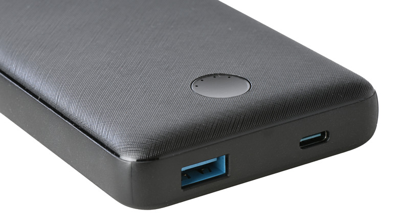 Close-up of USB and USB-C ports on a power bank