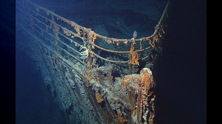 View of the bow of the RMS Titanic photographed in June 2004 by the ROV Hercules during an expedition returning to the shipwreck of the Titanic.