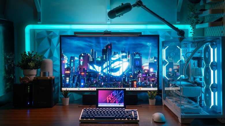 An elaborate desktop PC lit with RGB lights