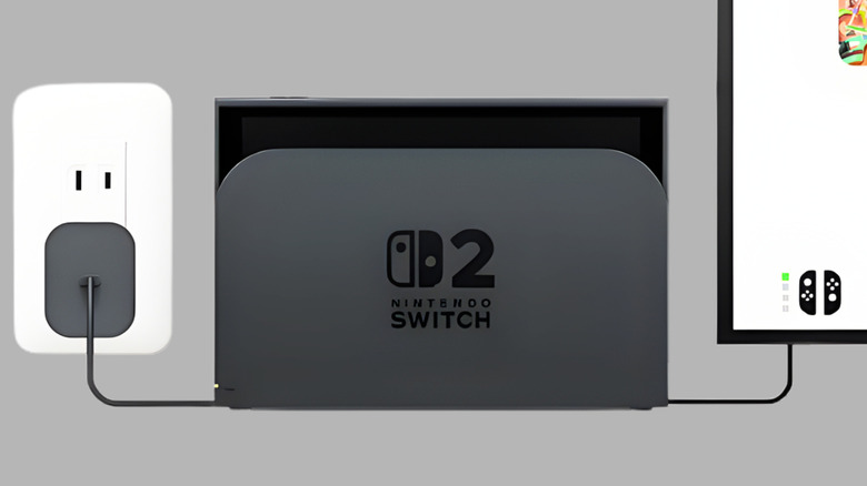 Representation of the Switch 2 docked while attached to a wall charger and a TV.