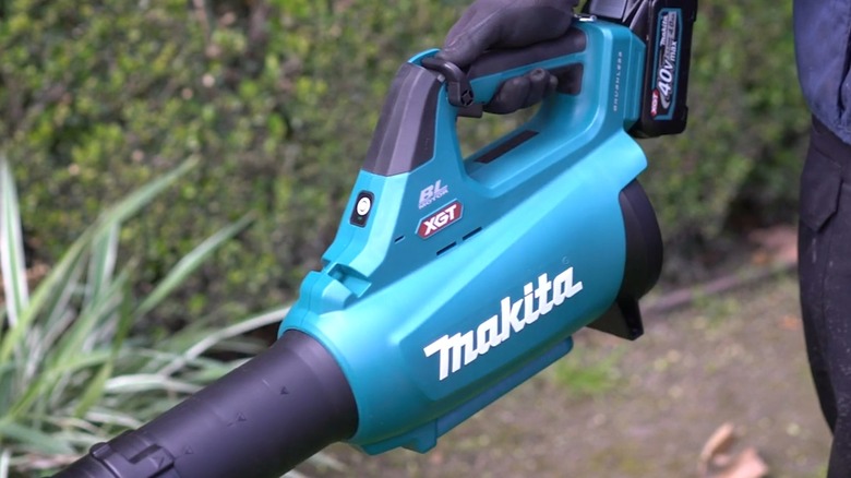 A person holding a Makita leaf blower.