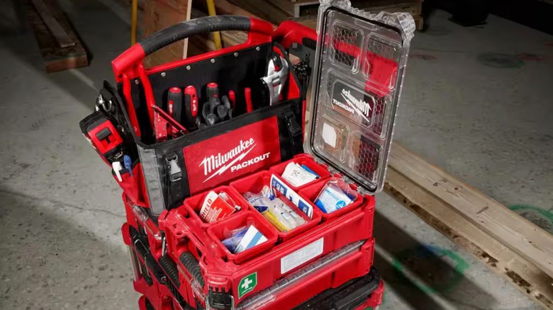 Milwaukee 79-piece Packout First Aid Kit attached to Packout stack
