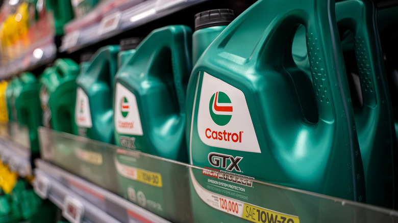 Row of Castrol motor oil bottles