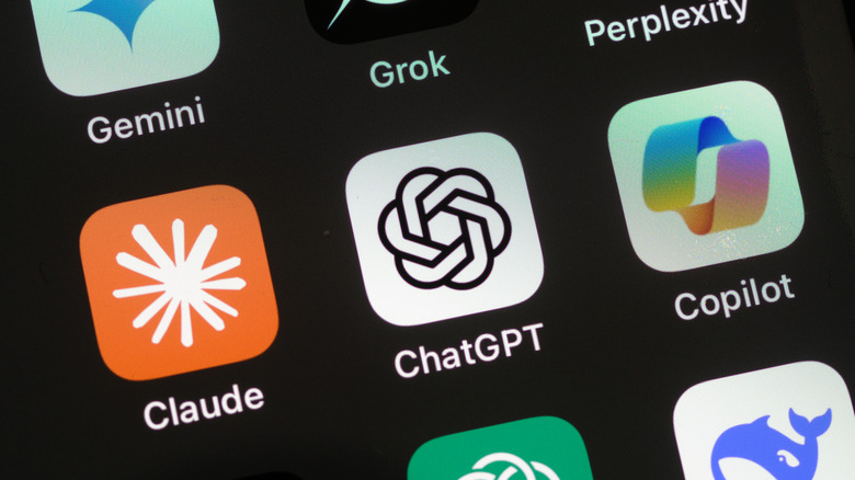 Close up of AI icons on a phone screen, including Gemini, Grok, Perplexity, Claude, ChatGPT, and Copilot