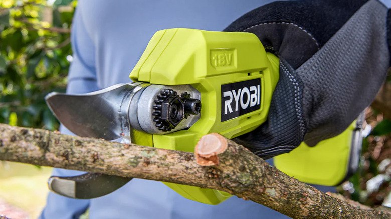 A person using Ryobi's ONE+ pruning shears