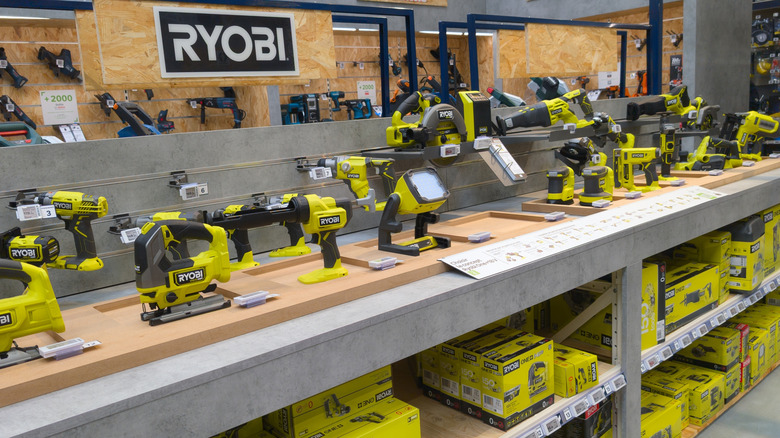 A display of Ryobi power tools