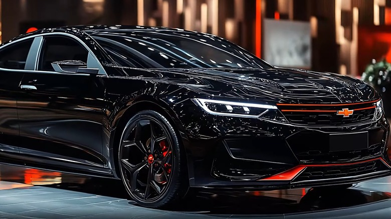 An AI rendering of a shiny black 2025 Chevrolet Impala against a blurred background.