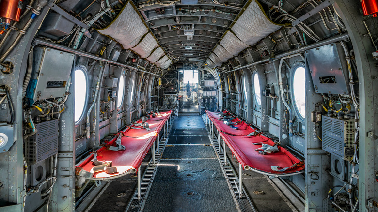 The interior of a vintage CH-46 Sea Knight cargo transport helicopter