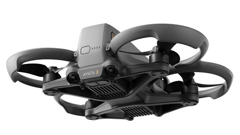 DJI Avata 2 from underneath on white background