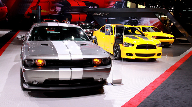 Dodge Challengers and Chargers on display
