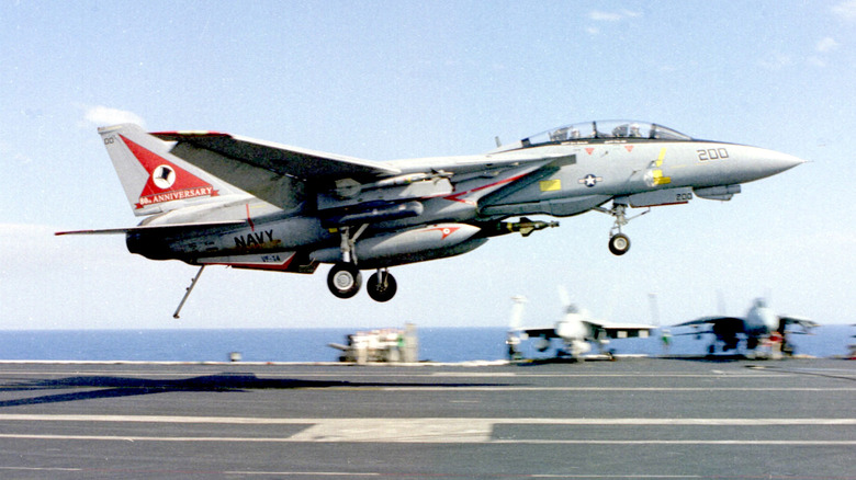 An F-14 Tomcat landing on an aircraft carrier