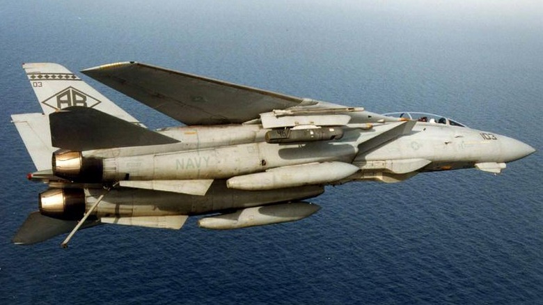An F-14 Tomcat flying over the sea