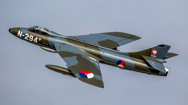 Hawker Hunter historic fighter jet taking off from Kleine-Brogel Air Base, Belgium