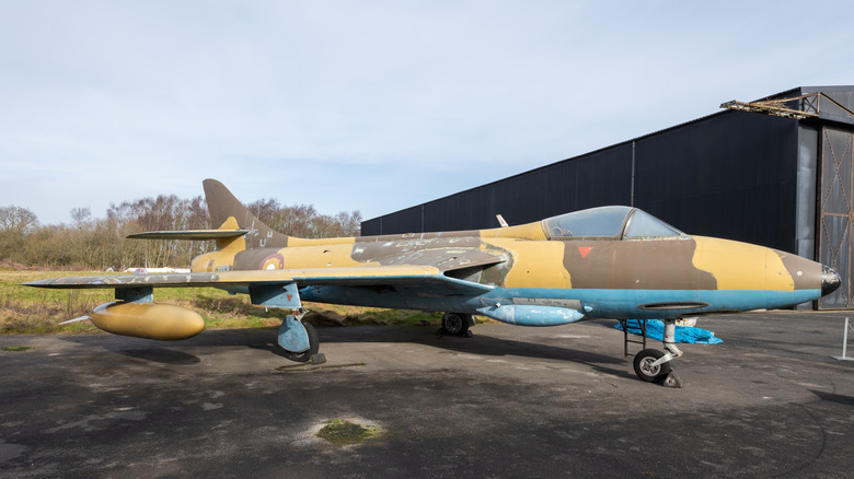 A Hawker Hunter fighter bomber jet plane is on display at the Yorkshire air Museum