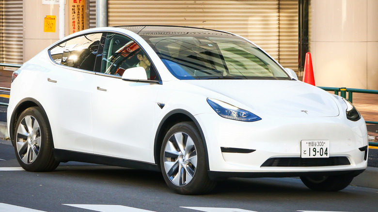 A white Model Y on the road.